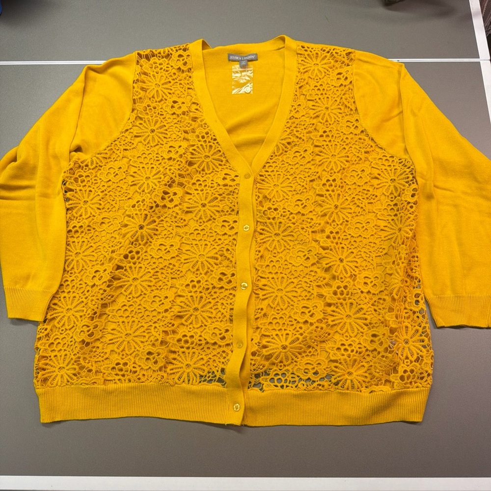 Jessica London Mustard Yellow Floral Crochet Lace Cardigan Sweater 1X‎ 22/24